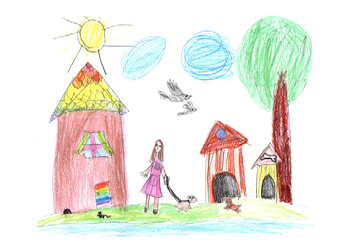 Child's crayon drawing of animals outside with a tree and house